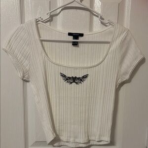Forever 21 Cream Ribbed Tee with Black Wing Embroidery